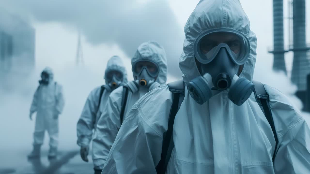 Люди в защитных костюмах осматривают загрязненный промышленный объект