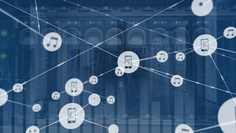 animation of network of connections with icons over server room