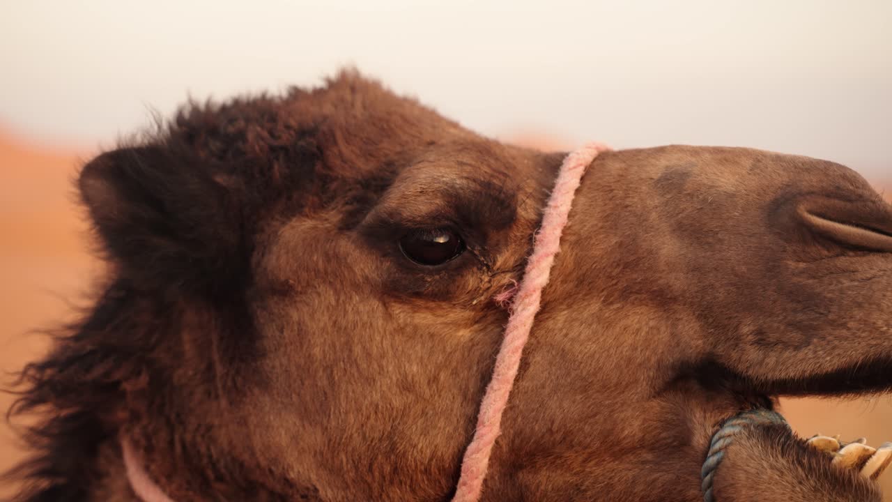 A detailed close-up captures the expressive eye of a dromedary camel in Morocco’s Sahara Desert