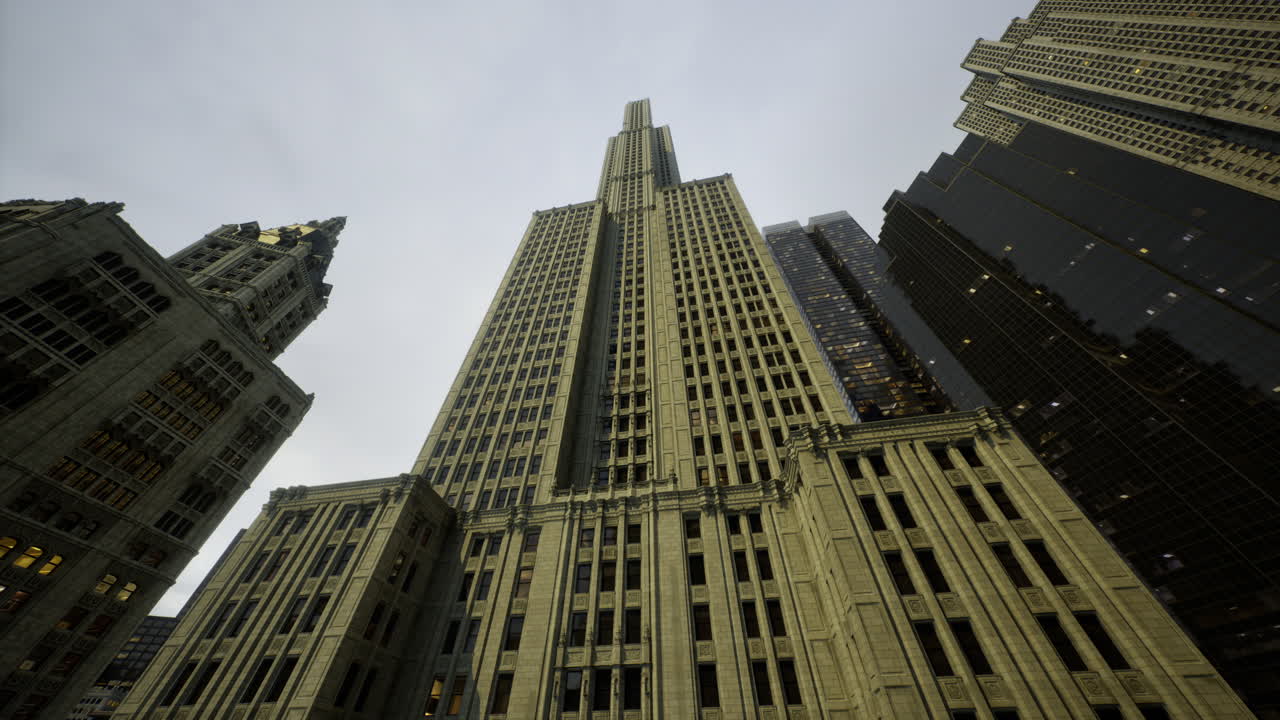Tall buildings create a skyline view in a bustling city at dusk in october