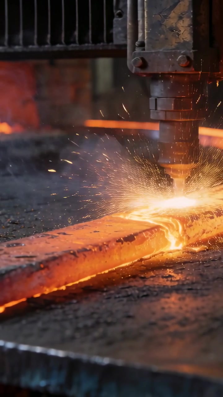 Video verticale: Ugello robotico che incide una scanalatura in una barra d'acciaio incandescente in officina.