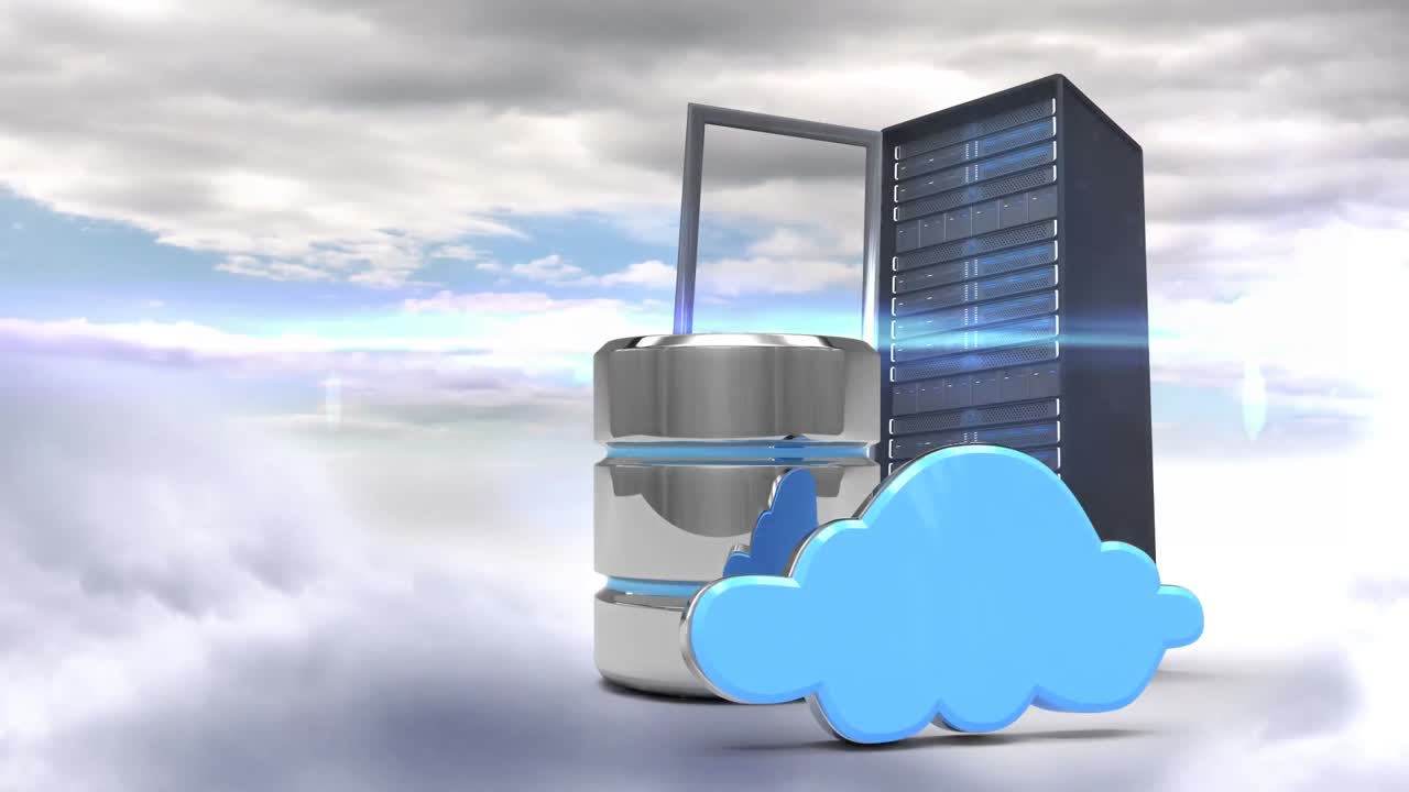 animación de un cielo de colores con símbolos de seguridad en las nubes