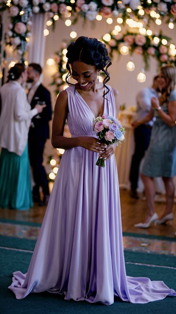 Elegante profilo laterale di una sposa in abito color lavanda che tiene dei fiori, ripreso all'altezza degli occhi.