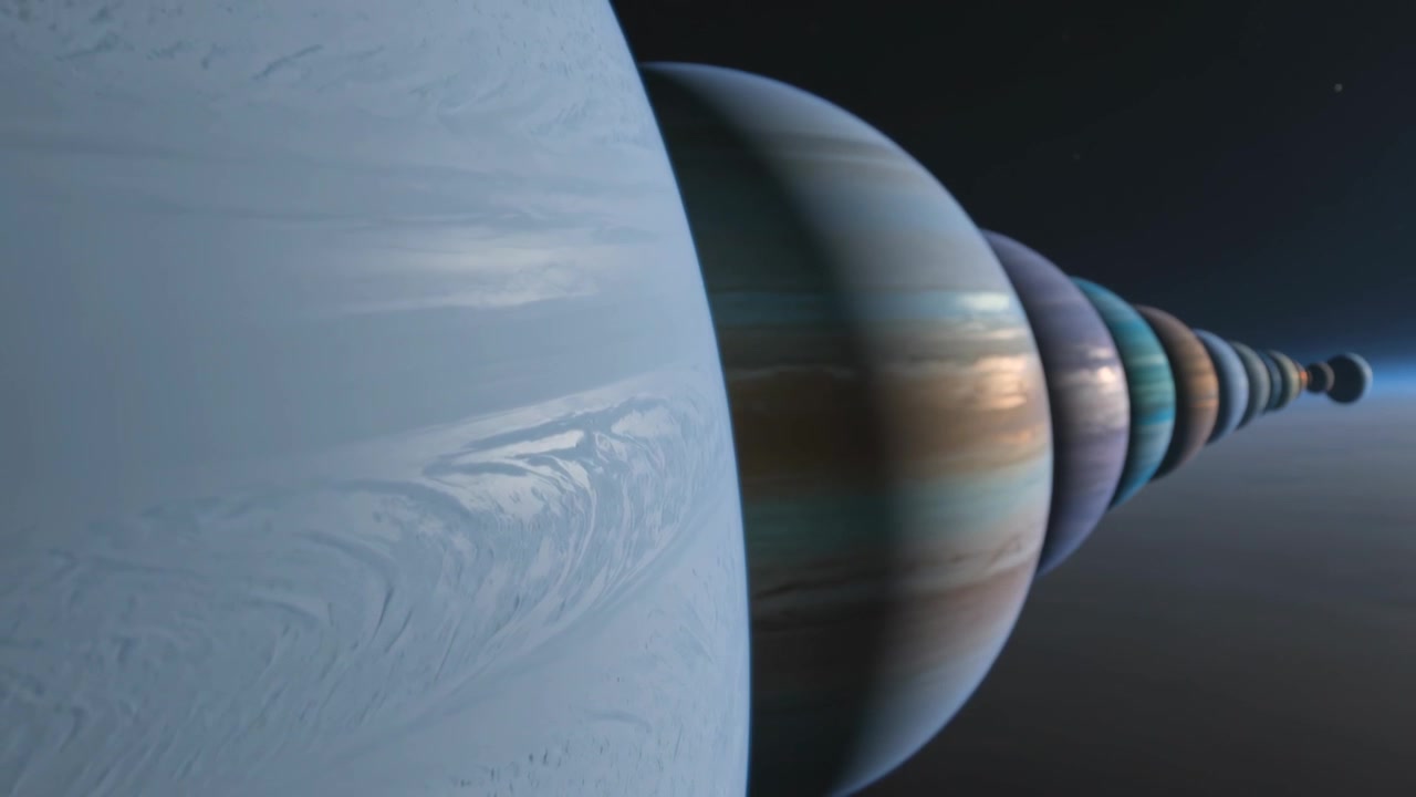 Panning camera in space past left-side pale-blue gas-giant, showing distant gas-giants and swirls