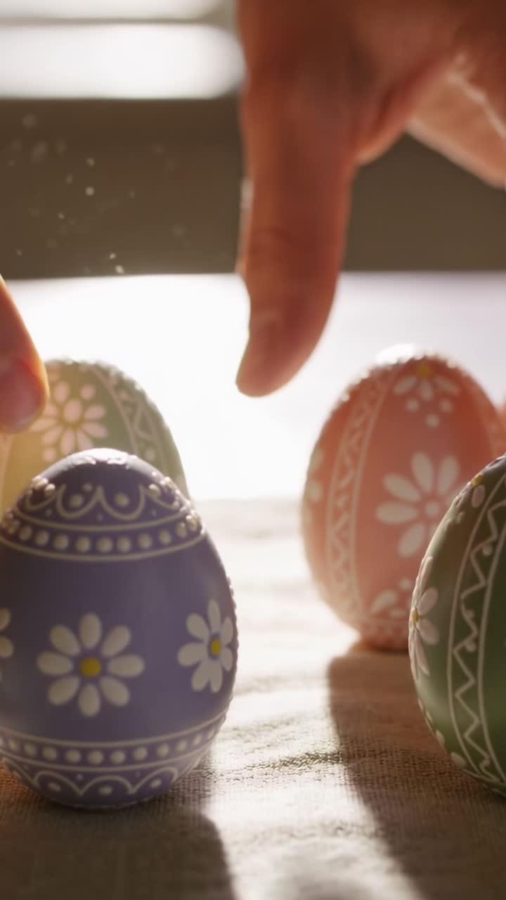 Mani sinistra e destra che si allungano, rotolano e sollevano uova decorate, sistemando lo spazio per una presentazione ordinata
