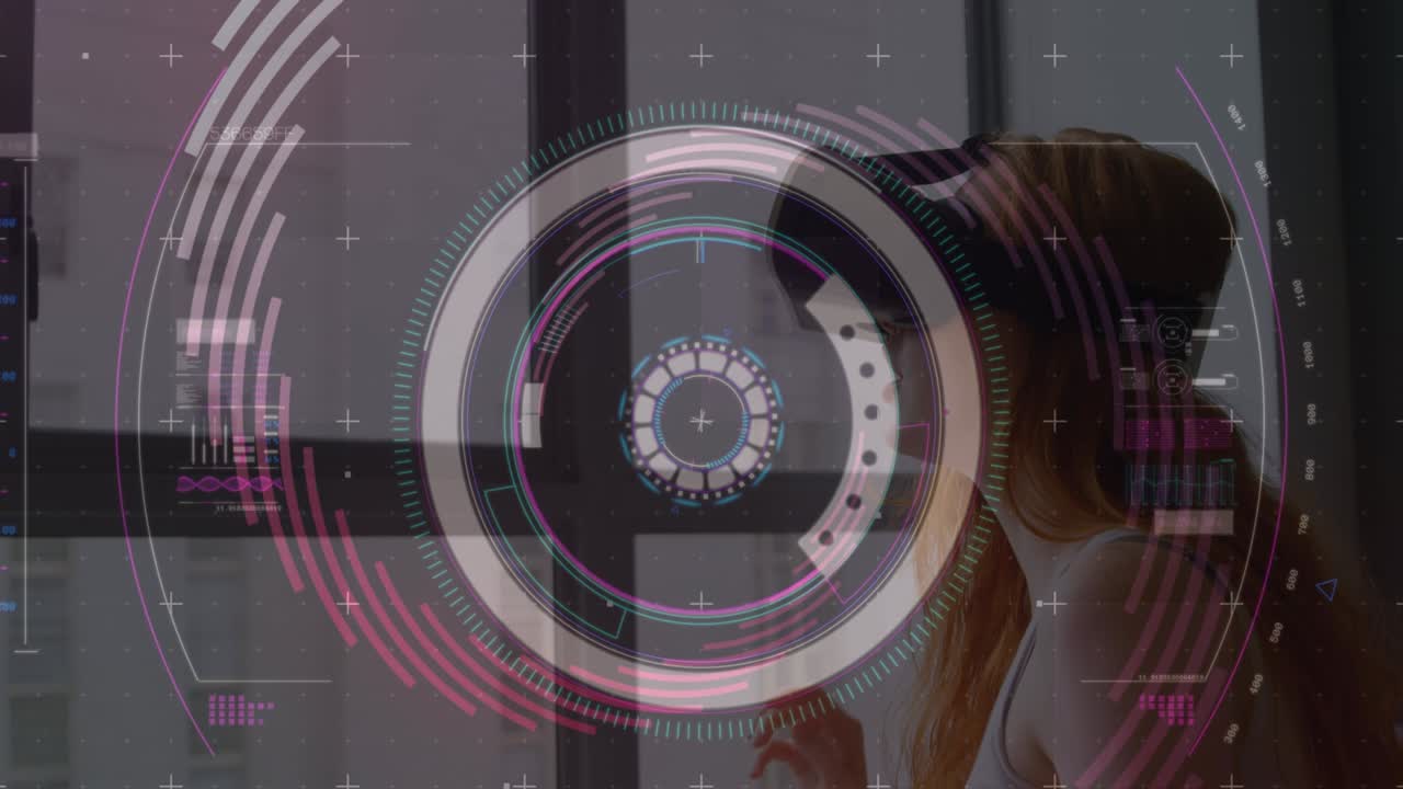 animación de formas giratorias sobre la mujer usando auriculares vr