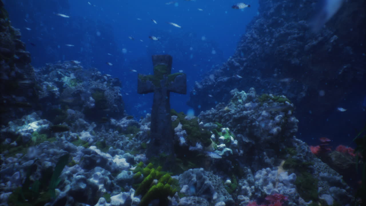 은 물에 잠긴 역사적인 십자가가 있는 수중 산호초