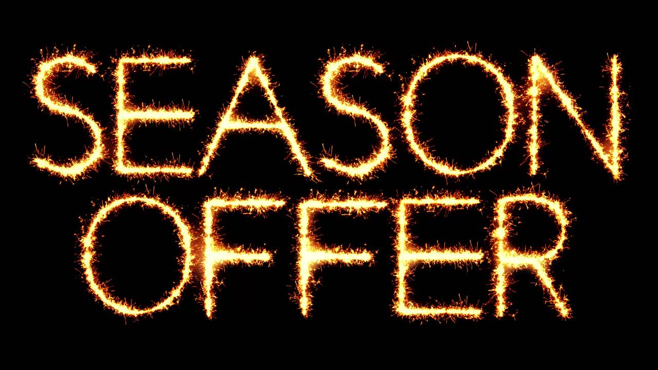 Season offer text sparkler writing with glitter sparks particles firework on black 4k loop