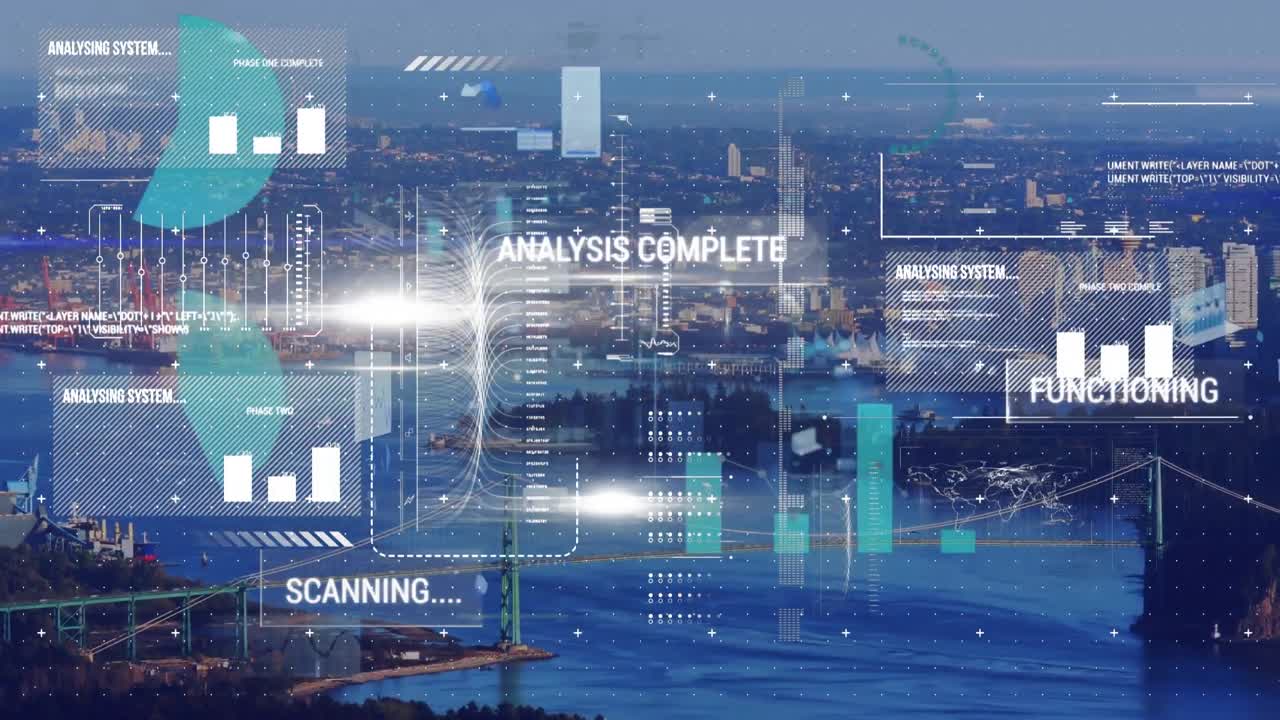 Animation of digital screen with diverse data and graphs processing over cityscape