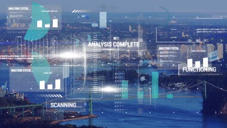 Animation of digital screen with diverse data and graphs processing over cityscape