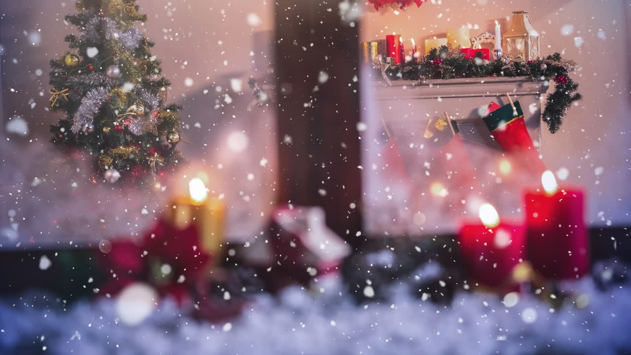 Candles and christmas decoration outside a window combined with falling snow