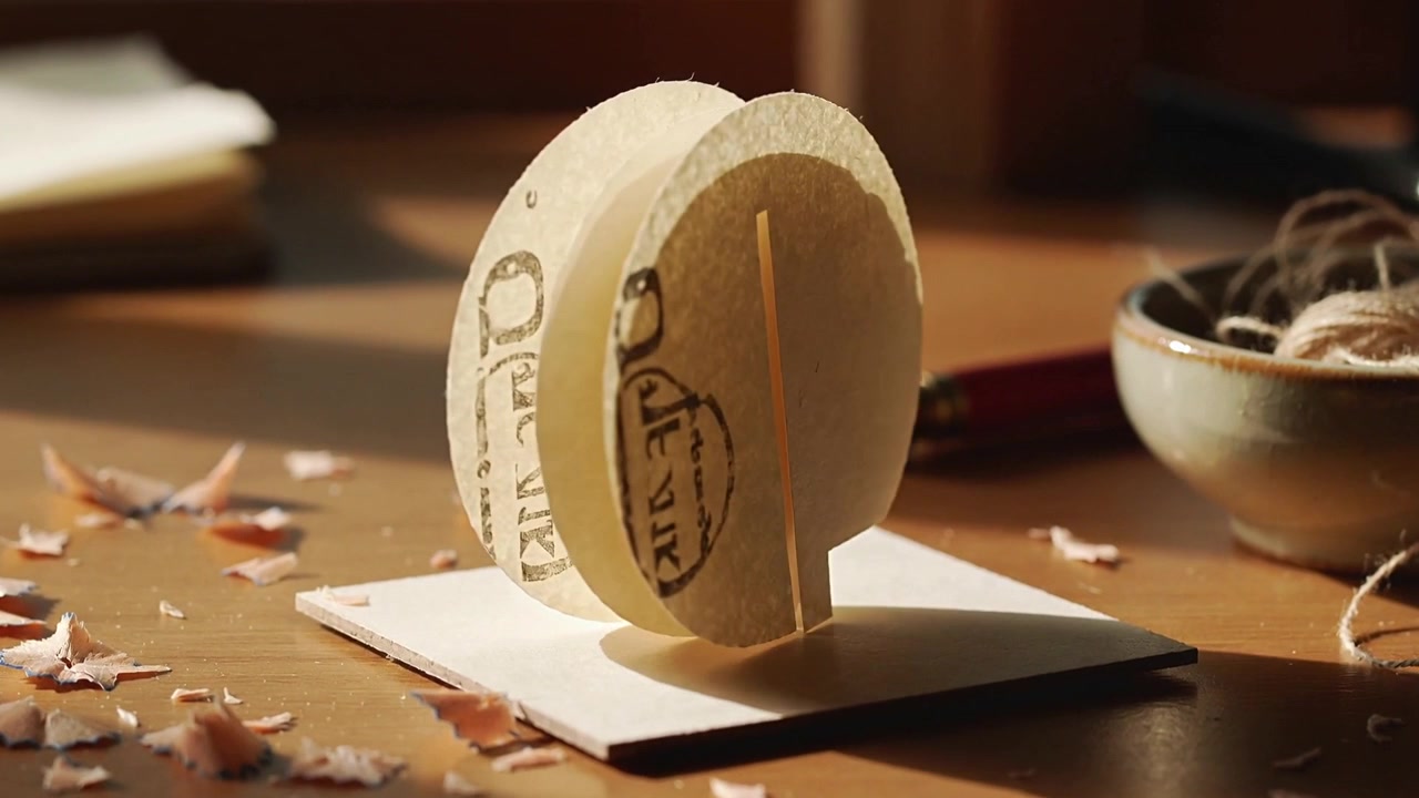 Dischi di carta impilati che si aprono a strati su un tavolo di legno, con un bastoncino che scivola in un supporto.