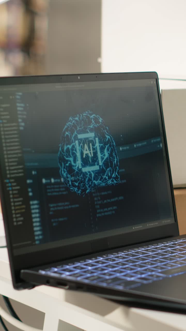 Vertical Video Black depot worker scanning awb tags next to AI brain neural networks system