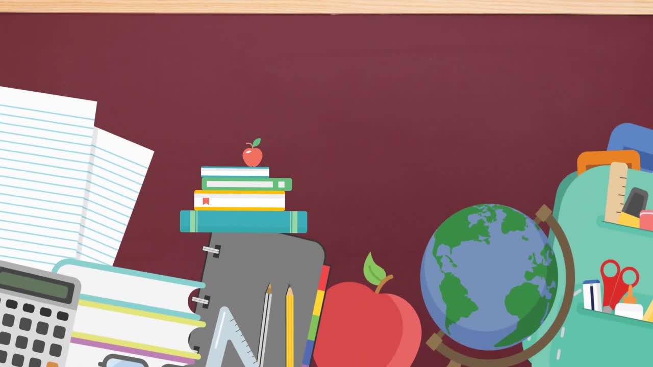 Animação de ícones escolares em fundo marrom