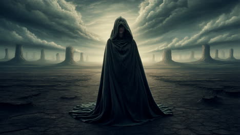 mysterious cloaked figure in a desolate otherworldly landscape