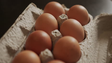 primer plano de huevos marrones en una caja de cartón
