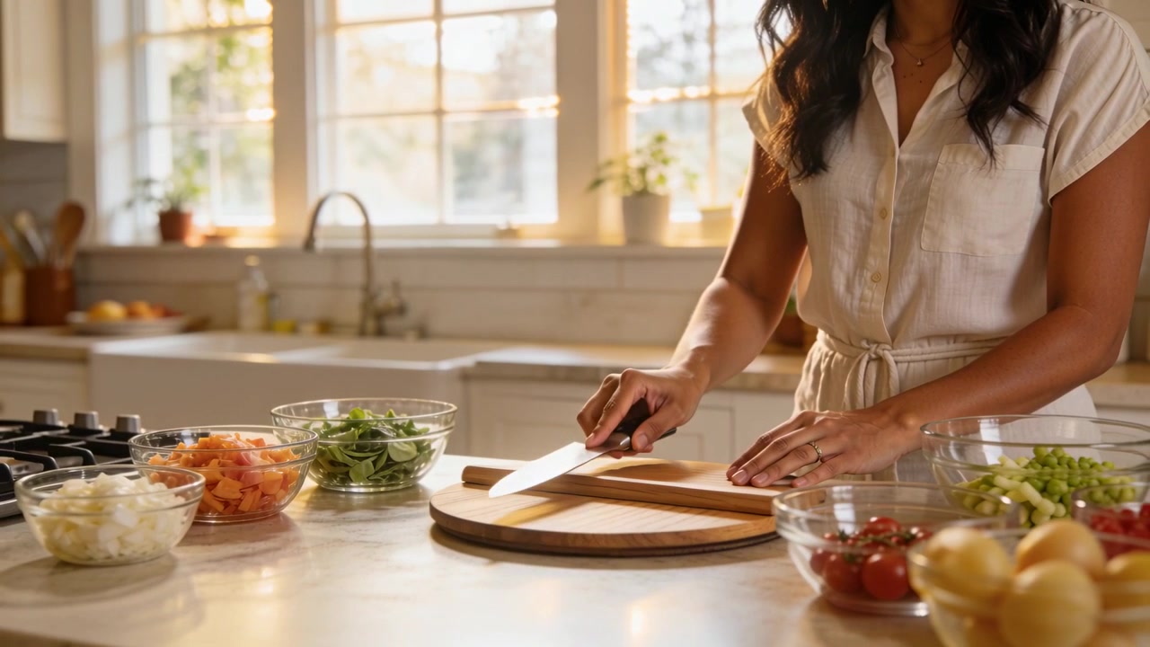 Donna in abito leggero che solleva un coltello da chef, taglia le verdure sul bancone della cucina per un pasto, con un tagliere.