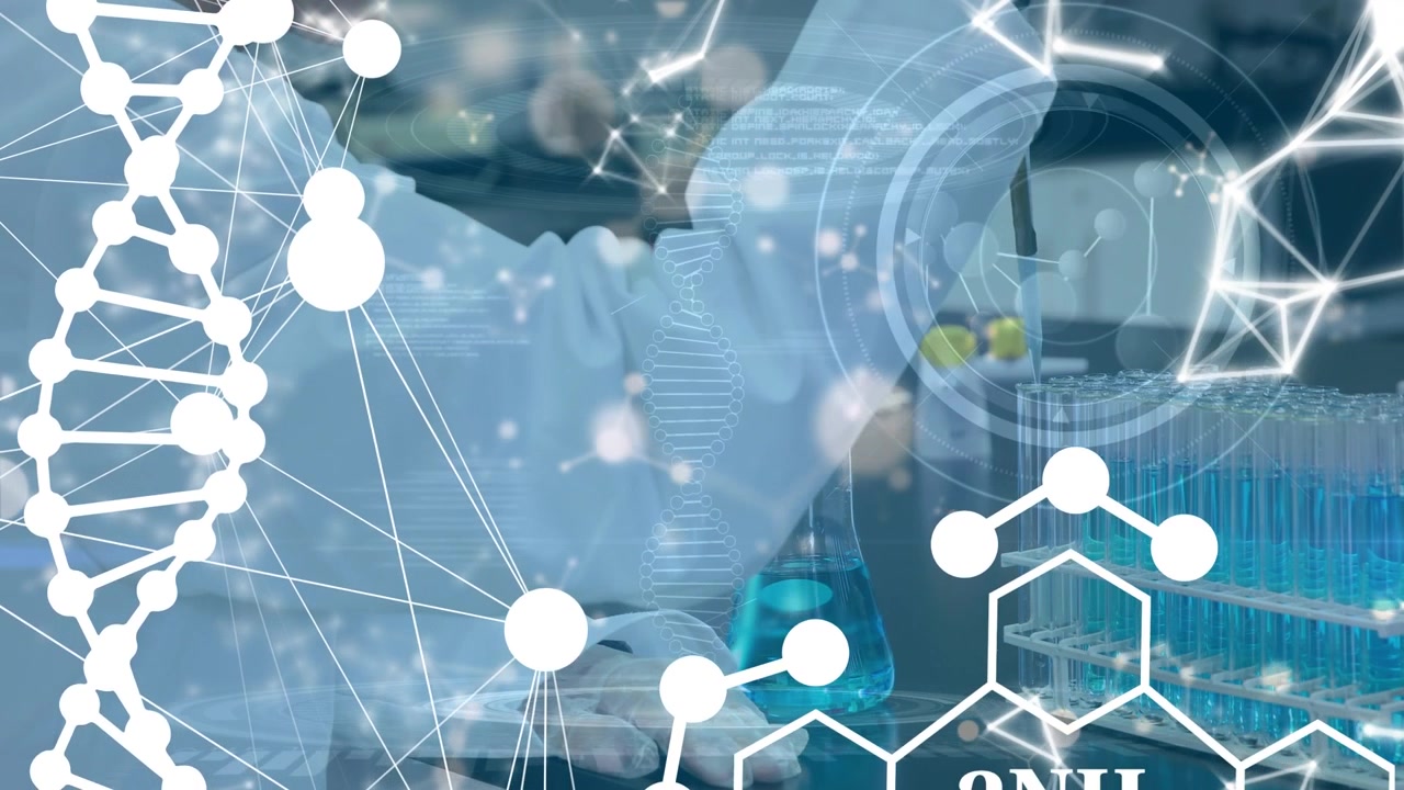 Animation of data processing over caucasian male scientist with test tube