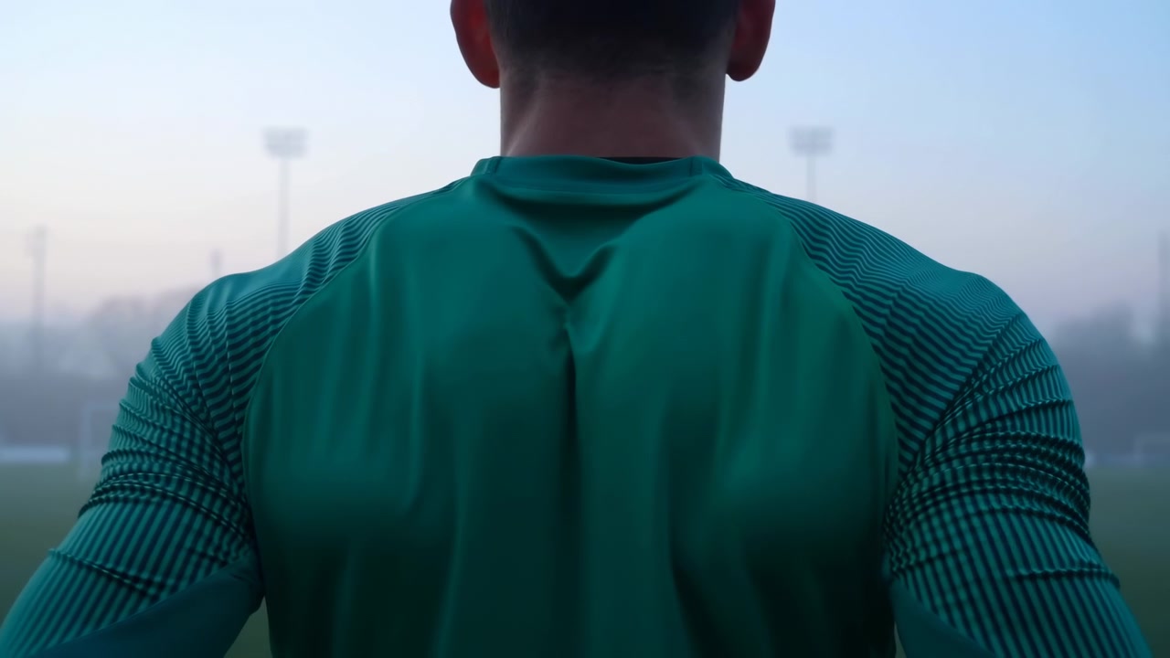 Primo piano centrato da dietro mostra un atleta adulto con una maglia da allenamento testurizzata color verde acqua che stringe le spalle mentre il tessuto si raccoglie in una piega verticale lungo il centro