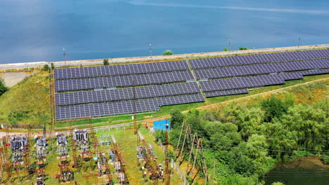 solar panels in aerial view. top view of solar panels in solar farm, view from the drone. new ecological kind of energy concept