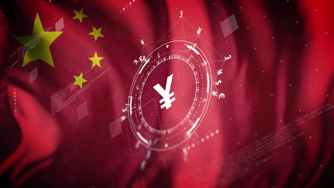 animación del símbolo del yen y la calculadora sobre la bandera de china
