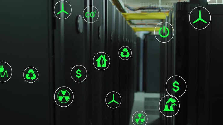 Animation of ecology icons over server room
