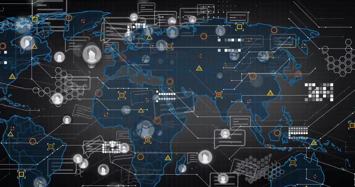 Outline glowing initiating avatar icons chat bubbles appearing on world map showing network growth