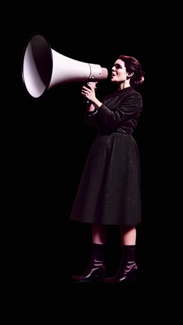 woman with vintage megaphone animation isolated asset, transparent 4k video, alpha channel, prores