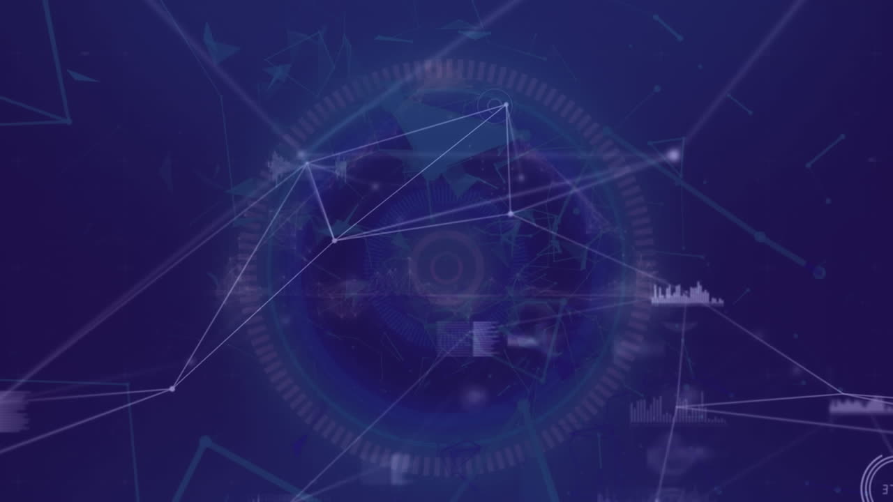 Animation of network of connections with scope scanning on purple background