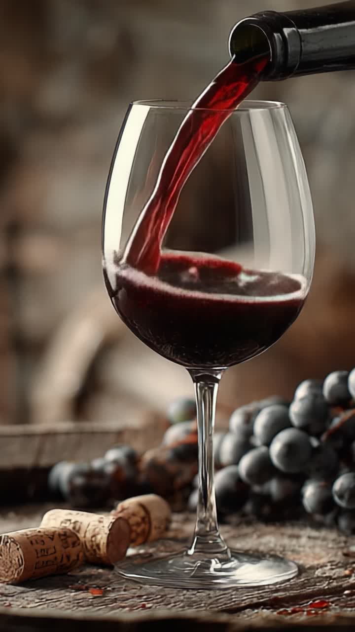 Una splendida sequenza di vino rosso versato in un bicchiere, che mostra colore intenso ed eleganza, accompagnata da uva e tappi in un ambiente rustico