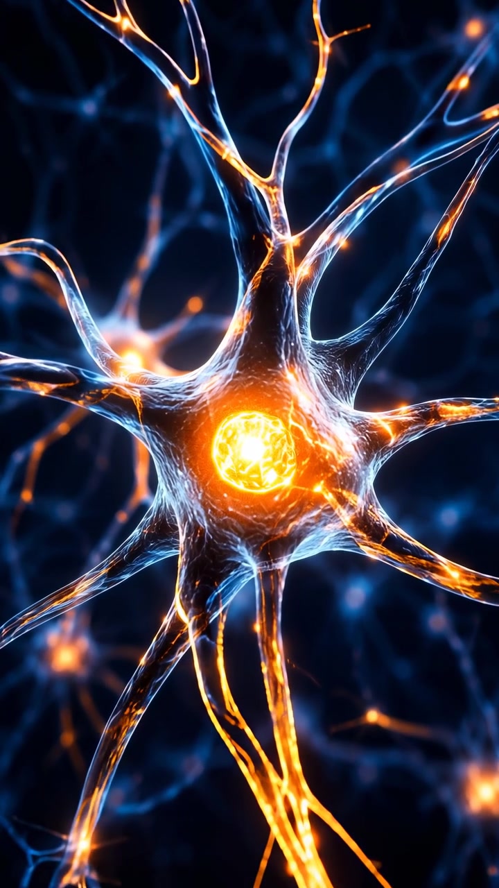Glowing Neuron Network With Electric Synapses, Wide Network Map Transitioning To Closeup Soma Activation
