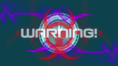 Warning-text-over-biohazard-symbol-against-ticking-clock-and-purple-digital-wave-on-green-background