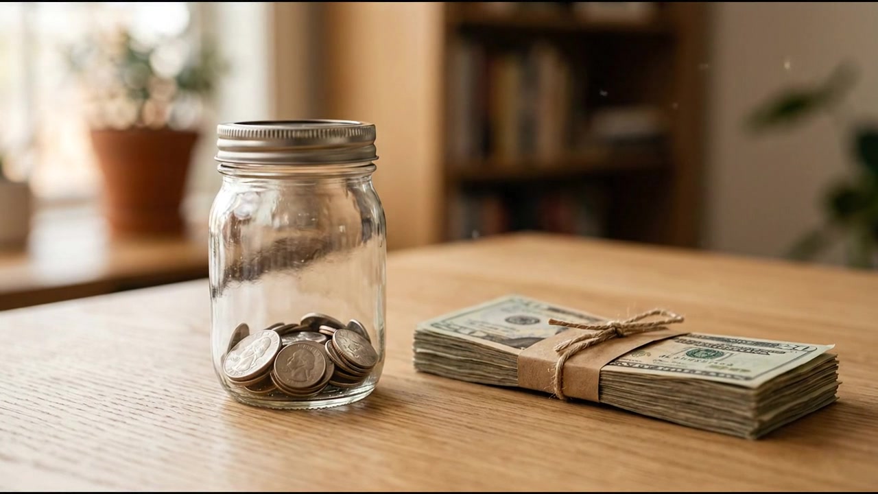 Glass Jar With Coins and Stack of Cash on Wooden Table