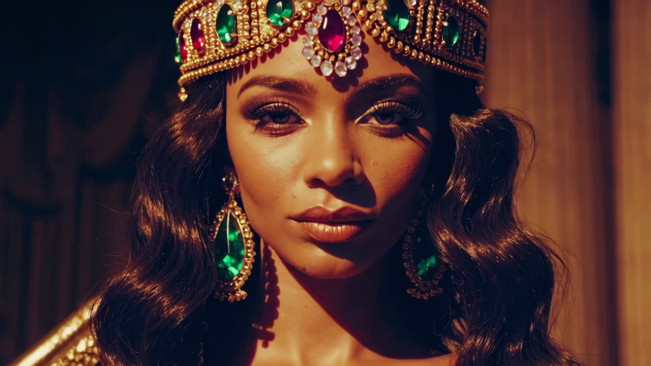 A regal queen seated on a golden throne