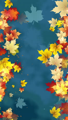 artistic animated frame of drawn autumn colored falling maple leaves. blue looped abstract holiday background. copy space. vertical video.