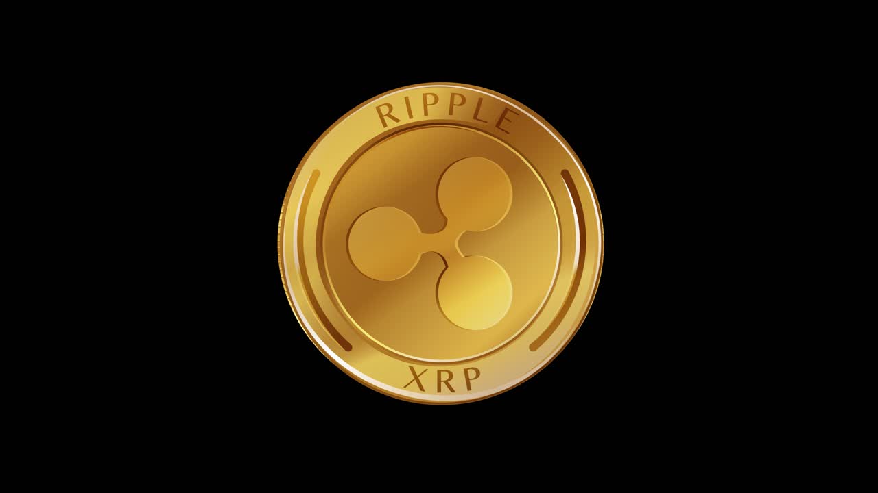 검은색 배경에 회전하는 리플 동전을 특징으로 한 20 초 애니메이션은 암호화폐 역학과 디지털 금융을 강조합니다.