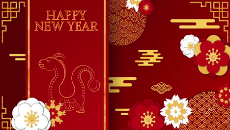 animation of happy new year text with dragon sign and chinese pattern on red background