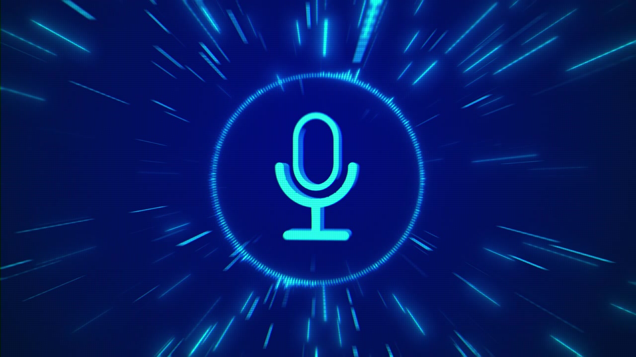 Icona di un microfono al neon che brilla su un'interfaccia blu futuristica con raggi veloci che visualizzano il controllo vocale artificiale