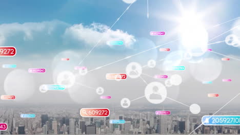 animation of network of people icons and media notifications over cityscape and blue sky