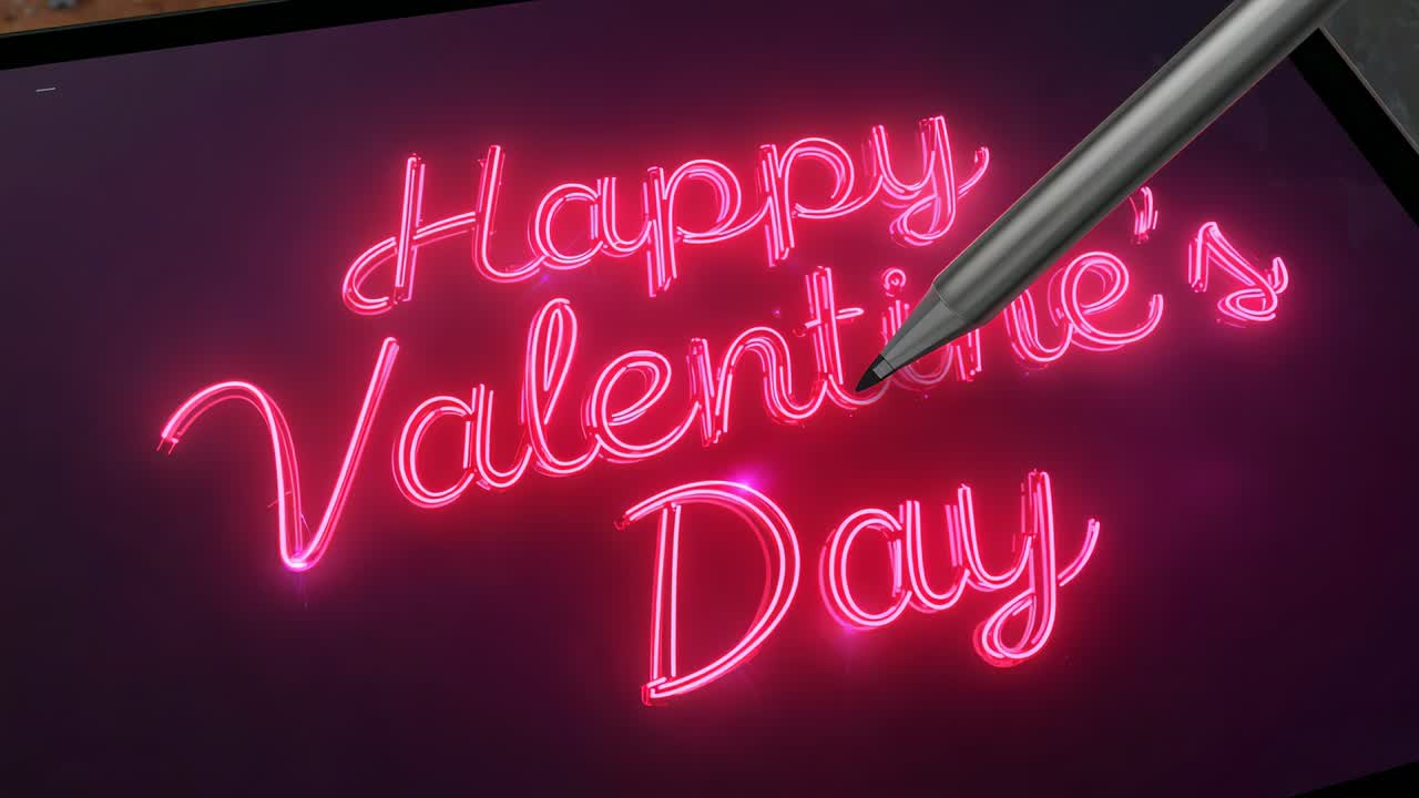 Entering metal stylus hovering over digital display, tracing Happy Valentine's Day neon script