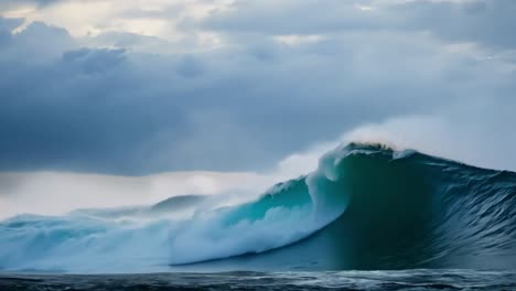 a large wave breaking in the ocean under a stormy sky