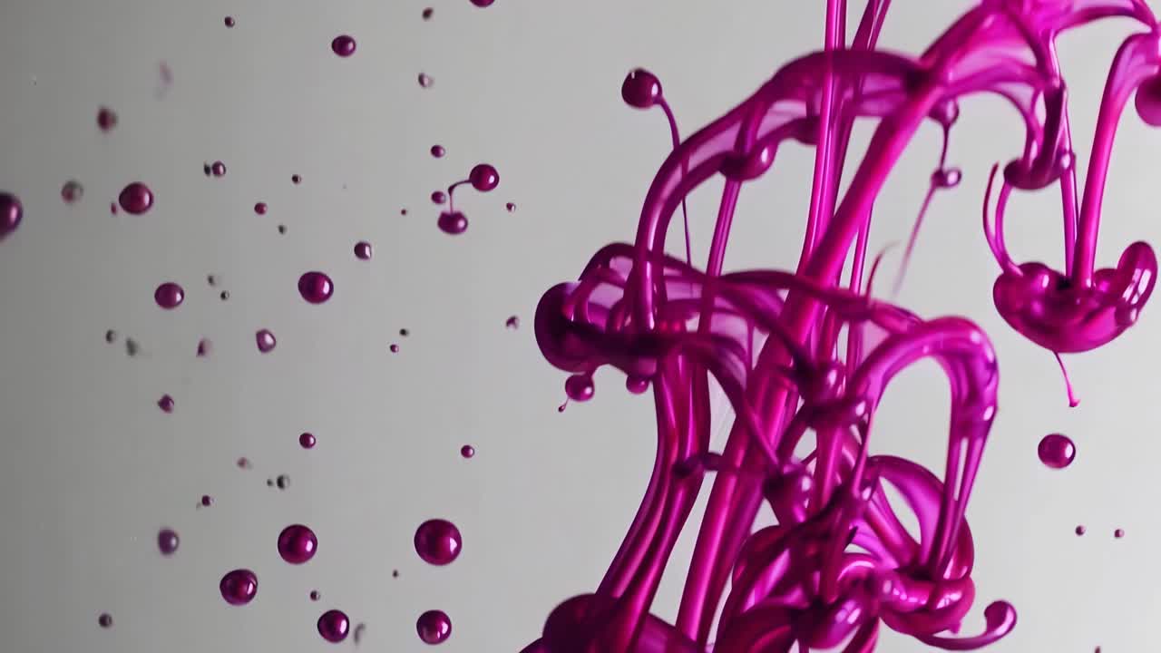 Video ravvicinato di inchiostro rosa acceso che si mescola nell'acqua, ripreso da un angolo laterale