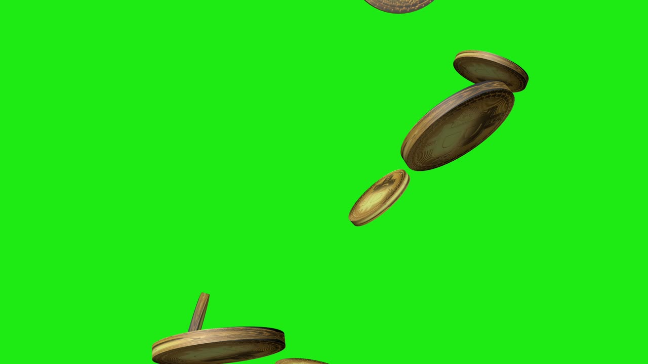 Bitcoins falling against green screen.