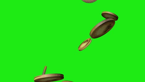 bitcoins falling against green screen.