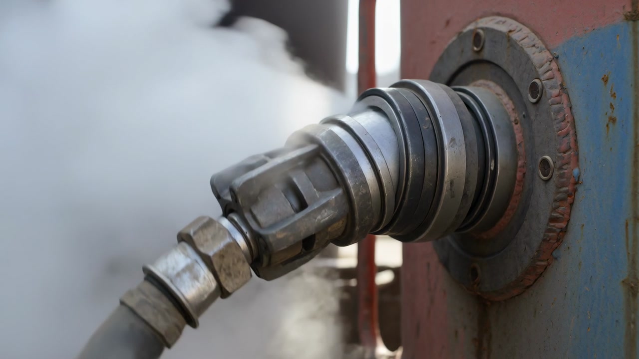 Hose coupling pulling away from flange in industrial transfer, releasing pressurized vapor cloud