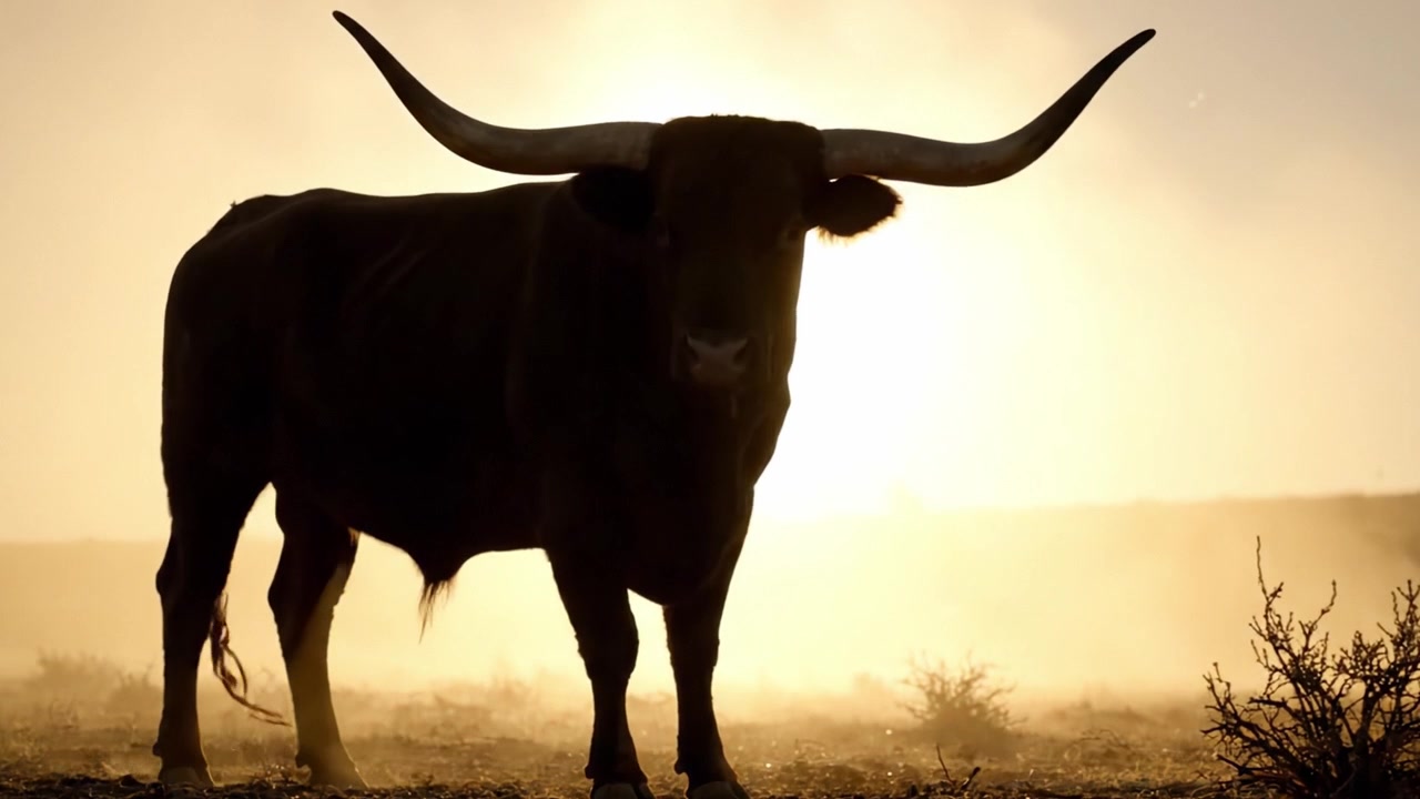 Maestosa silhouette di un toro contro un'alba dorata in un paesaggio polveroso, che cattura l'essenza della bellezza e della potenza della natura