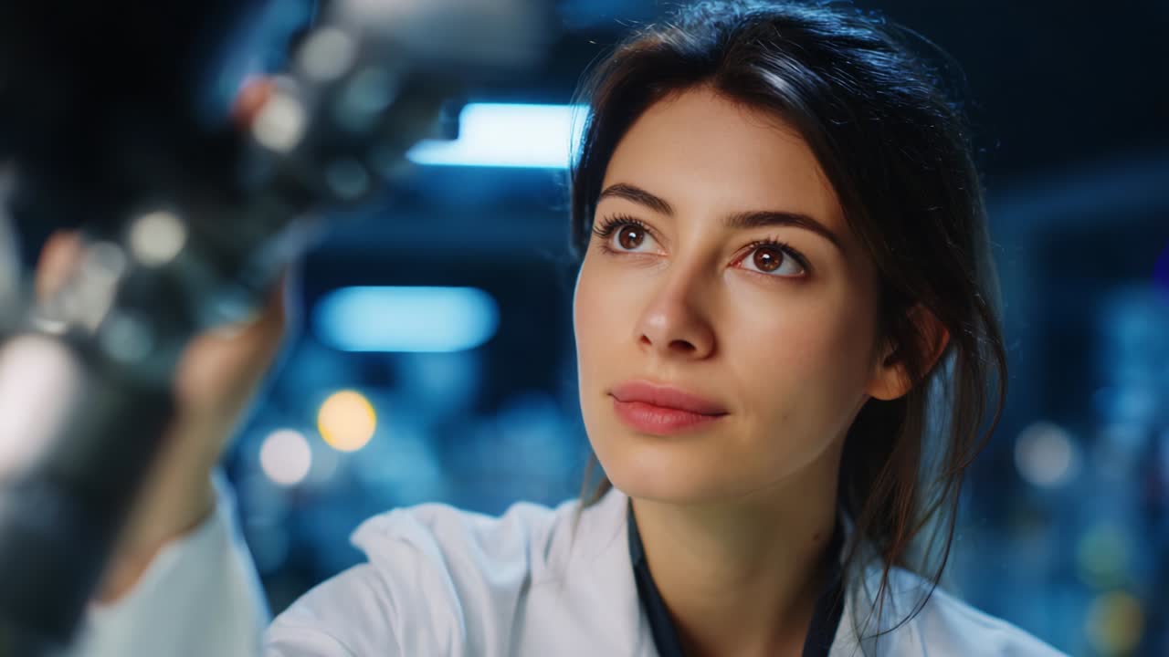 A focused scientist carefully examines advanced technology in a laboratory setting, highlighting the intricate details of her work while showcasing her commitment to scientific discovery and innovation