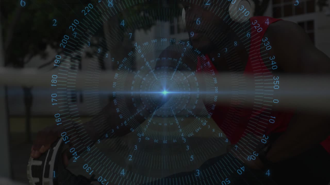 Man on bench lifting foot and starting sneaker fastening while HUD highlighting laces for fitness