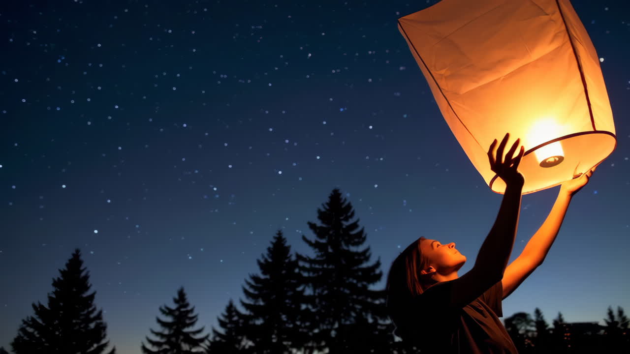 Person Holding a Sky Lantern at Night