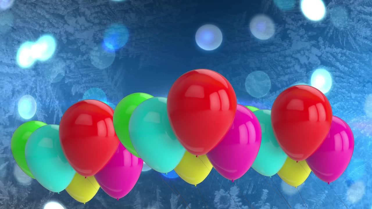 Palloncini di lattice lucidi che entrano dal basso, salgono, si spostano e ondeggiano per formare una fila festiva e scintillante